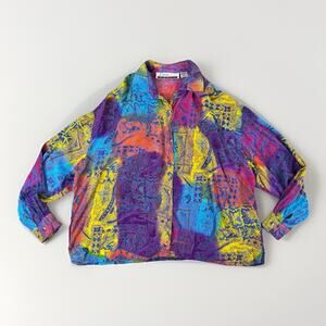 Vintage 80s Diana Marco Rayon Button Up Shirt Size 16 Bold‎ Multicolor Abstract